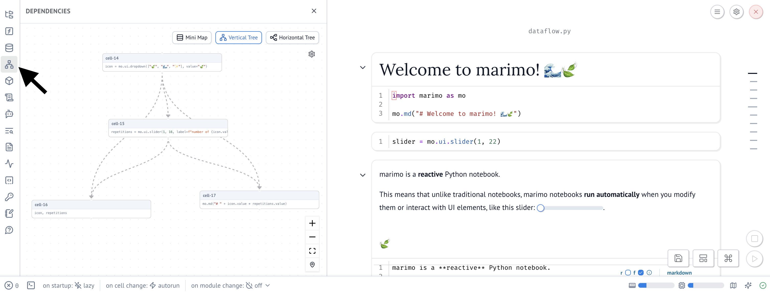 Dependency explorer showing a graph view of cell connections